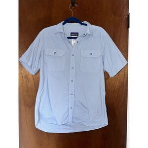 Patagonia Men's Medium Snap Front Shirt Blue White Grid Pattern